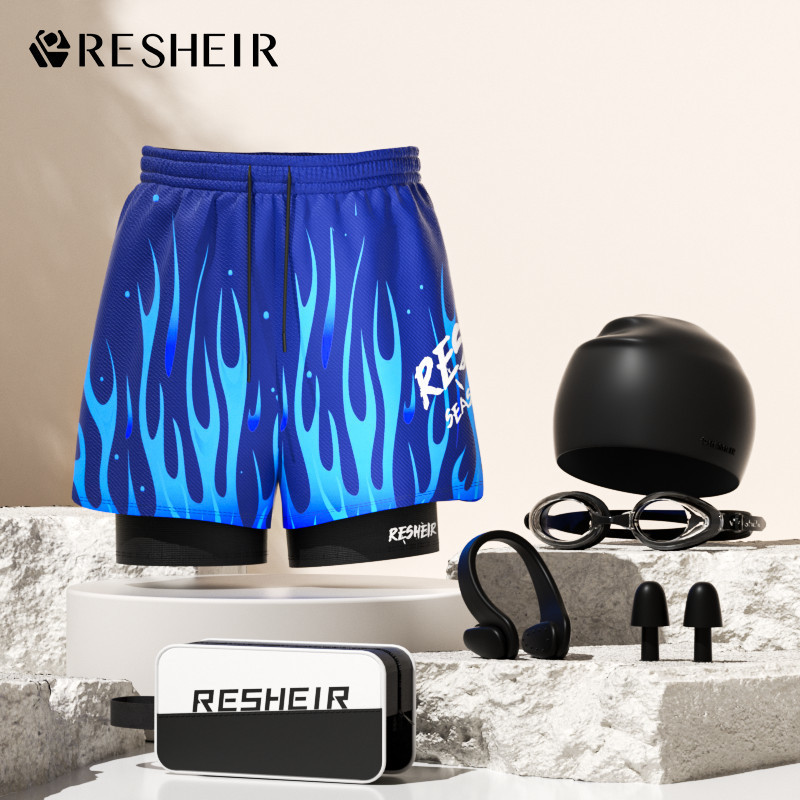 하늘색 수영 트렁크 + 수영 모자 + 수영 고글 + 코 클립 귀마개 + 수영 가방 6종 세트