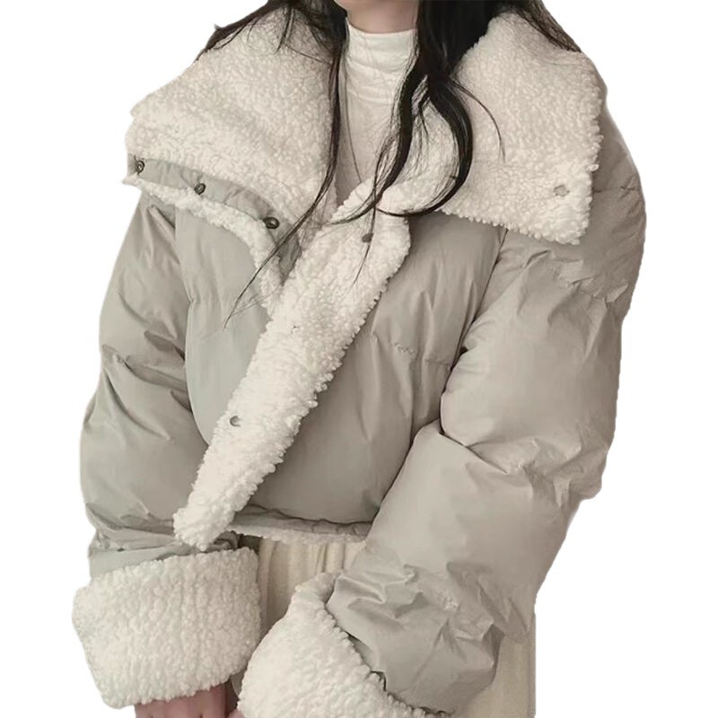 双面穿羊羔毛棉服女短款翻领外套韩版仿宽松长袖面包服外搭棉衣冬|undefined