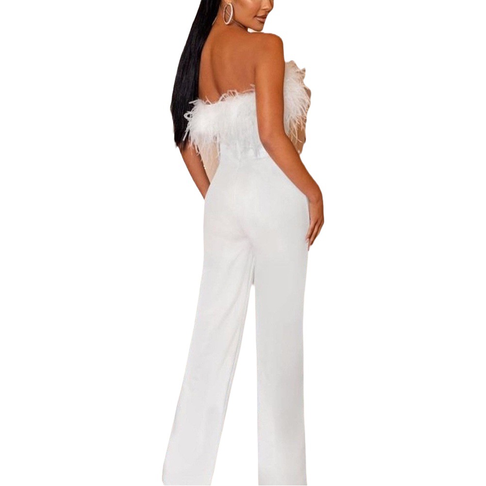 Mono sexy de plumas con hombros descubiertos y espalda descubierta, top de tubo y pantalón de color liso, nueva moda europea y americana para mujer, primavera-verano 2026 transfronterizo