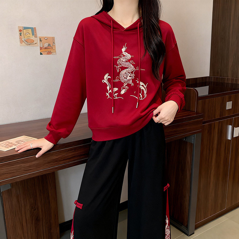 Ethnic Style Tang Suit Hanfu Set, New Autumn and Winter Loose-Fitting Slimming Chinese Style Wide-Leg Pants Two-Piece Set, New Year Outfit
