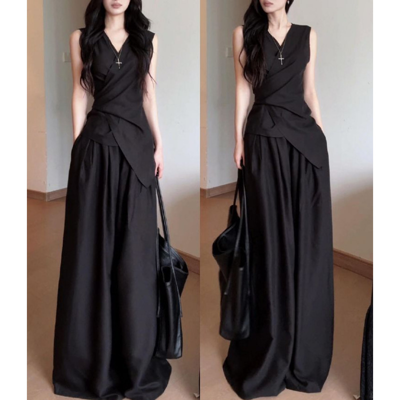 2026 New Style French Elegant Mature Outfit Black Dress for Women Summer Sleeveless Waist-Cinching Slimming Long Dress Set