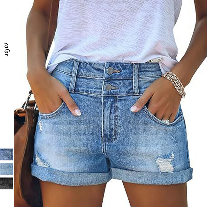 Cross-Border 2025 New European and American Amazon Double-Button Ripped Diagonal Pocket Rolled-Up Hem Denim Shorts for Women