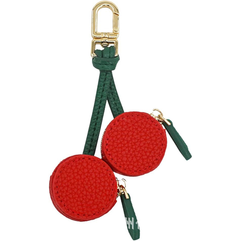 Cute Pu Leather Bag Charm Y2K Zipper Keychain Preppy Style Wallet Charm Aesthetic Items Cherry Two-Piece Set