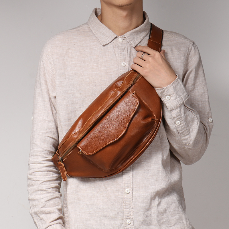 European and American retro genuine leather men's chest bag, vegetable tanned leather casual crossbody backpack, large capacity cowhide shoulder bag, mobile phone bag
