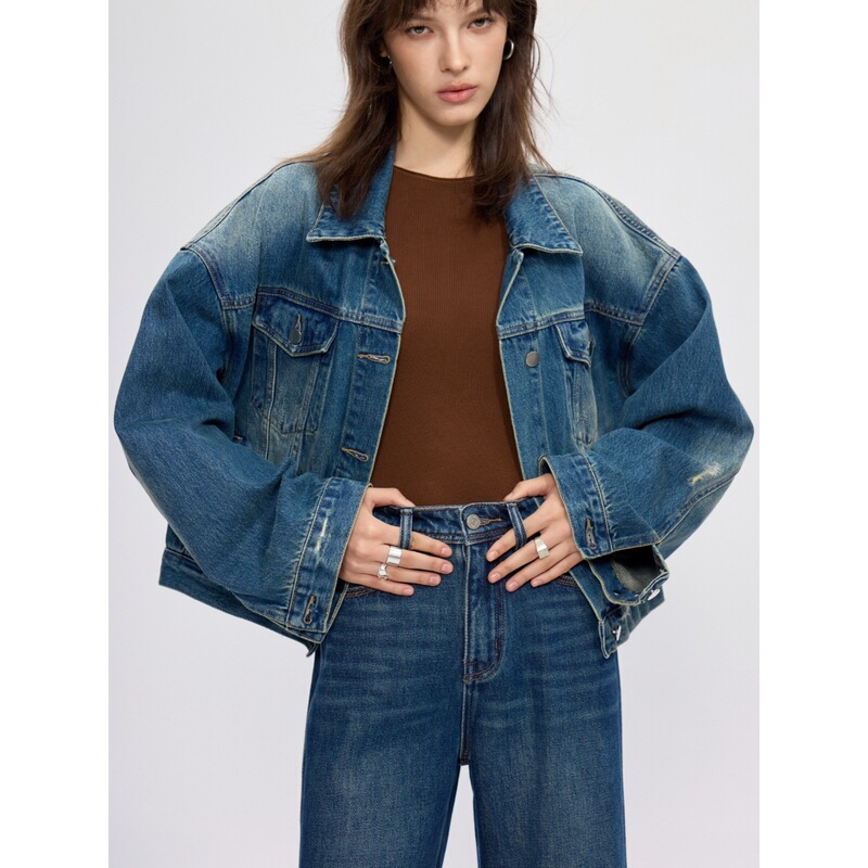 【High Quality】Washed Vintage Loose Short Jacket for Women 2026 Spring Drop Shoulder Slimming Retro Denim Jacket