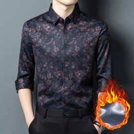 无痕衬衫加绒加厚男士长袖2025冬季新款潮印花垂感商务休闲衬衣