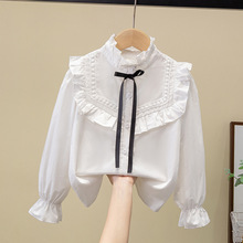 外贸女童白色衬衫套装儿童中大童2025春装木耳边花边上衣新款百搭