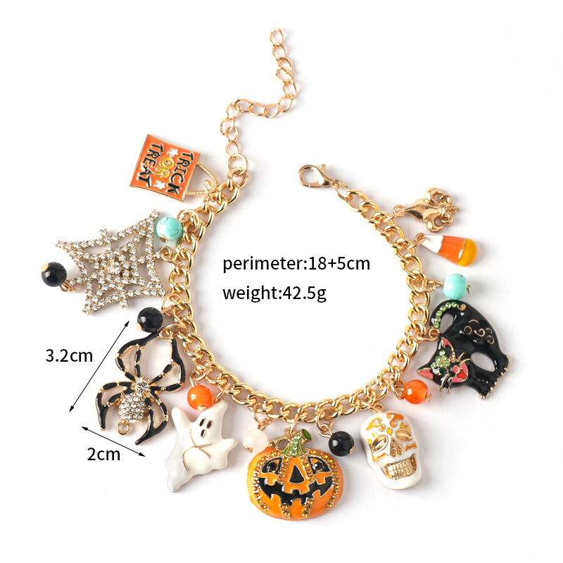 Halloween Charm Bracelet With Spider Pumpkin Skull And Diamonds_voghion.com