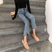 春秋新款牛仔裤女学生修身弹力高腰破洞直筒九分裤韩版微喇叭裤潮