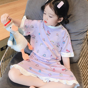 Children's Nightgown Girl's Cute Baby's Nightgown Girls' Air-conditioning Wear Summer Thin Bamboo Fiber Short-sleeved Parent-child Pajamas
