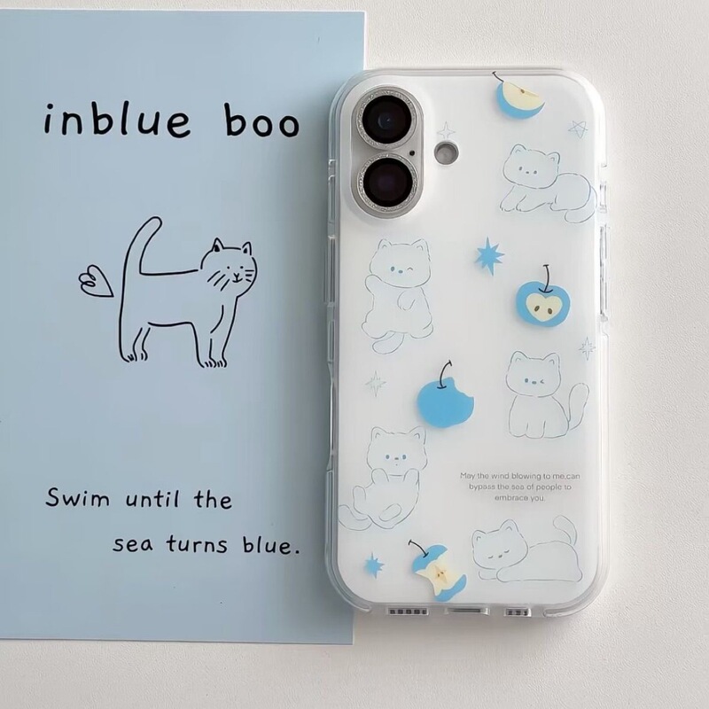 Blue Apple Kitten Suitable for Apple 17Promax Mobile Phone Case Iphone16/15Pro Anti-Fall 14/13/12/X