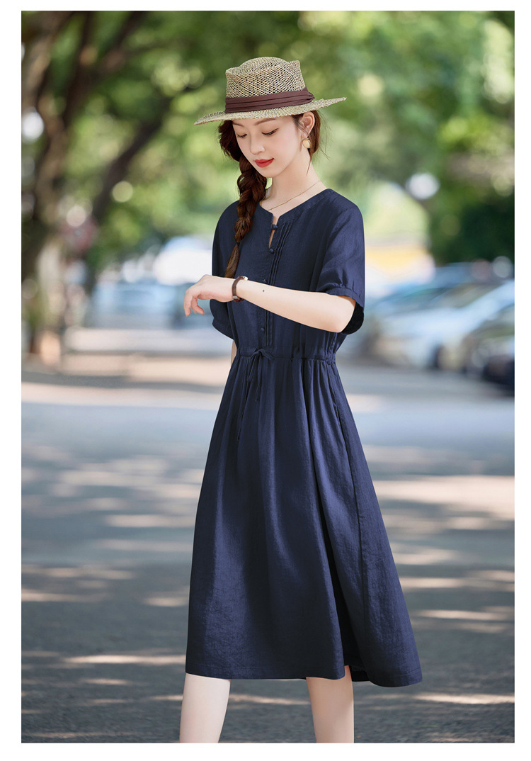 Đầm maxi nữ thắt eo cotton linen 2025 form rộng thanh lịch — màu sắc, Xanh lông mòng đen chi tiết 22