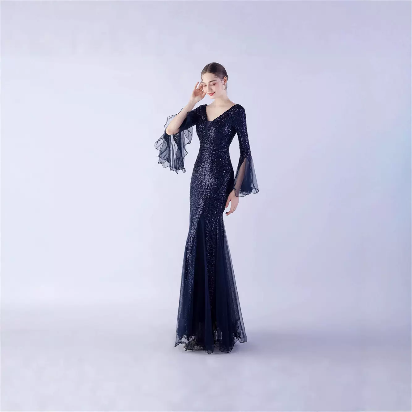 跨境外贸亮片礼服加密网纱鱼丝波边工艺晚宴礼服舞台晚礼服