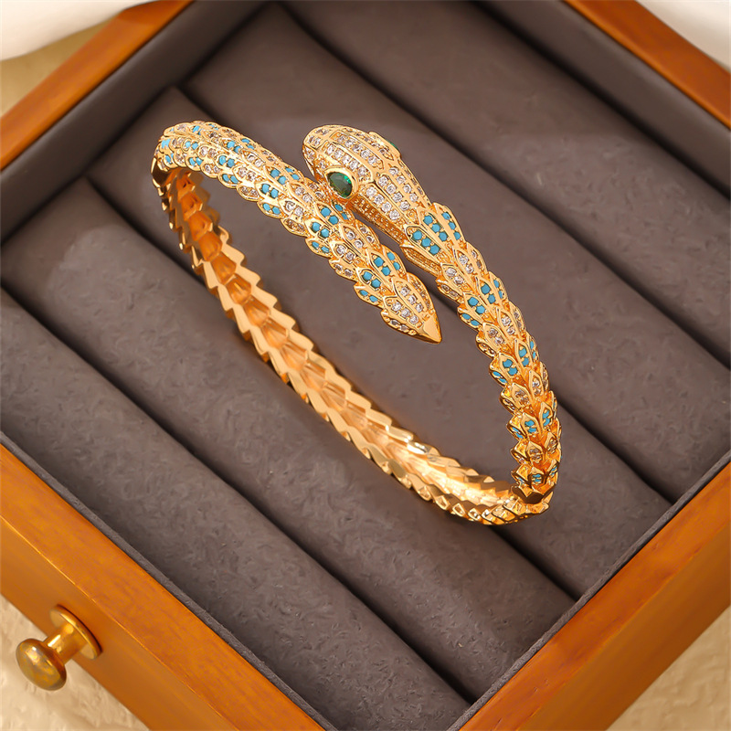 Parure de bijoux serpentine pleine de diamants, bague bracelet en zircon, personnalité de luxe légère, tête de léopard de l'industrie lourde_voghion.com