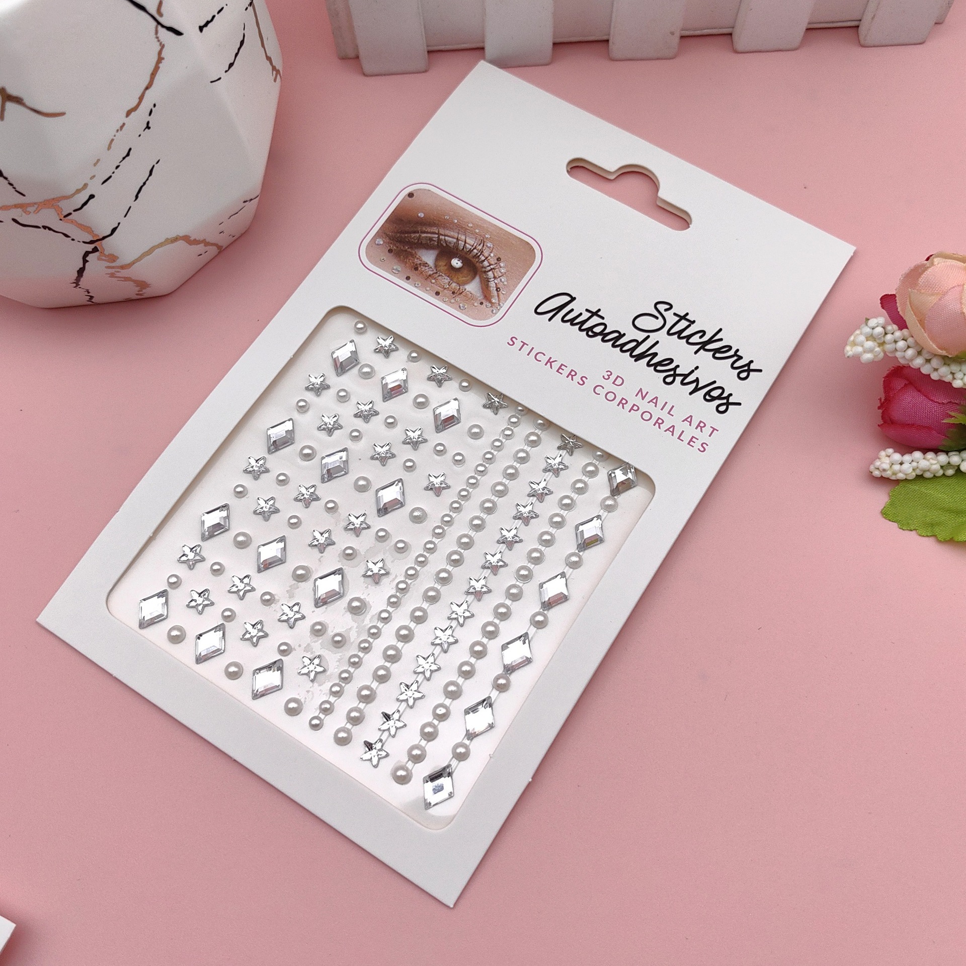 Pegatinas para maquillaje de ojos, pegatinas de diamantes de imitación para ojos, decoración facial, accesorios de maquillaje de perlas para diario, pegatinas de diamantes de imitación para escenario infantil, venta al por mayor en stock.
