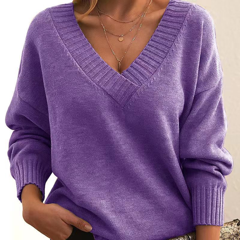2025 New Cross-Border European and American Style Pullover Sweater for Women Loose V Neck Casual Versatile Knitted Knitwear for Women Wholesale