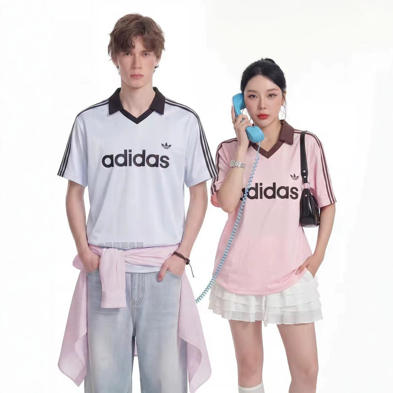 V-Neck T-Shirt Adidas Retro Striped Polo Korean Style Casual Color-Blocked Turn-Down Collar Short-Sleeve Couple's Letter Print T-Shirt