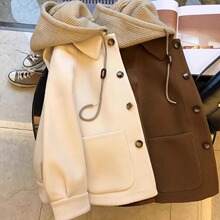 韩系拼接连帽毛呢外套女春秋大码胖mm宽松遮肉小众高级感爆款上衣