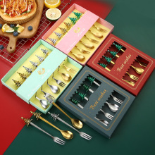 圣诞节树钻石头不锈钢咖啡搅拌勺礼品盒装甜品水果叉餐具礼品套装