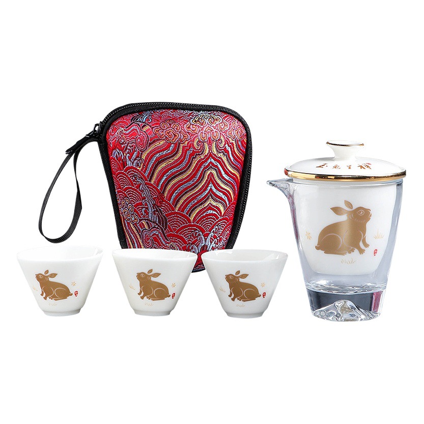 Portable Outdoor Camping Travel Tea Set with One Pot and Three Cups, Portable Quick Cup Storage Travel Tea Set with Tea Leaves