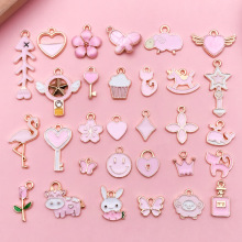 1个甜美可爱粉色动物花朵图案滴油合金饰品配件diy挂件钥匙扣吊坠