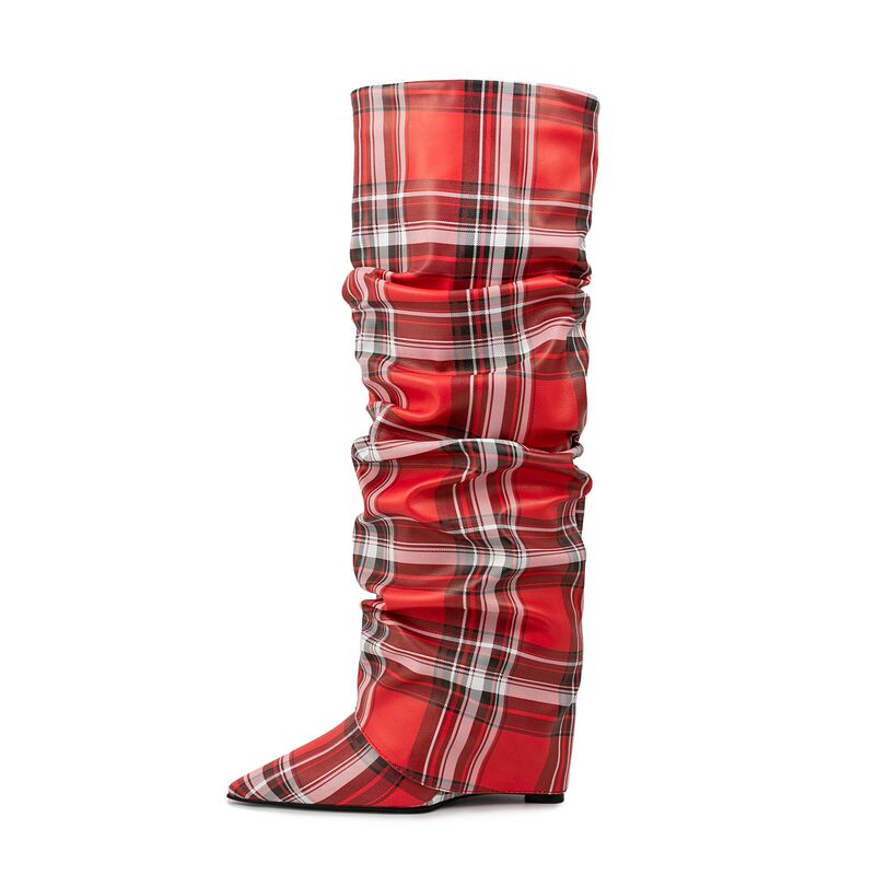 European and American Cross-Border Foreign Trade Pointed Pleated Slouch Boots with Plaid Skirt Hem, Pants Boots, Size 47, Plus-Size Wedge Knee-High Boots for Women