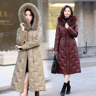 Sheepskin Genuine Leather Down Jacket Women's Mid-length plus size Haining Genuine Leather Down Fox Fur Collar Jacket