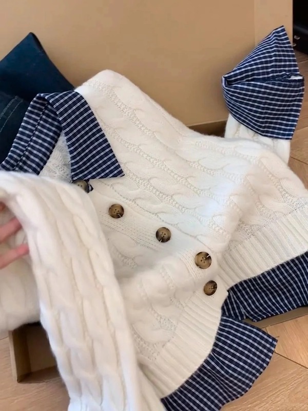 设计感假两件格子polo领撞色毛衣女秋冬新款独特拼接麻花针织上衣|undefined