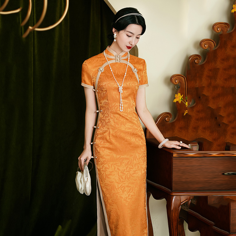 Golden Yellow Traditional Chinese Style Long Qipao, Modernized Young Women's High-End Retro Runway Dress Golden Yellow Traditional Chinese Style Long Qipao, Modernized Young Women's High-End Retro Runway Dress