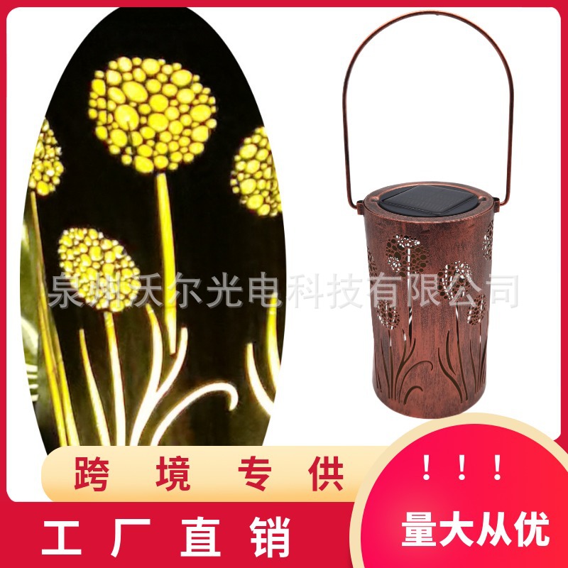亚马逊跨境LED推荐 蒲公英镂空太阳能直筒灯笼IP65花园庭院装饰灯
