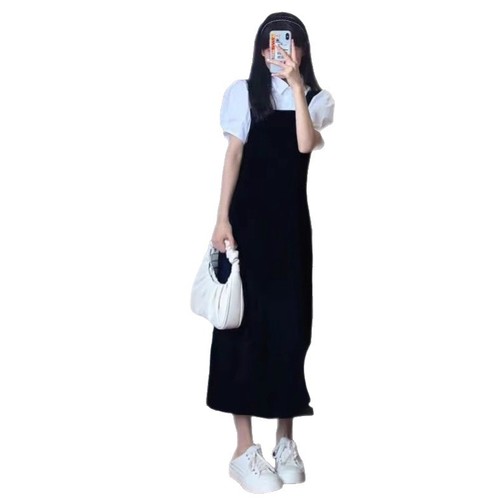 Black suspender dress for women summer 2025 high-end sweet age-reducing college style suit skirt for small people