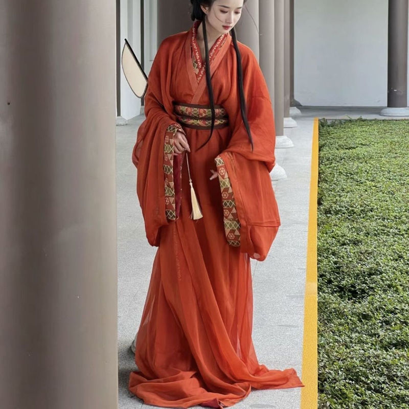 新しい漢服女性の戦国ローブストレート裾復元伝統的なクロスネック春と秋スリムダンス宮殿スタイル古代衣装テール|undefined