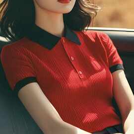 红色拼接翻领针织正肩短袖T恤女好看新款夏韩系独特绝美上衣春季