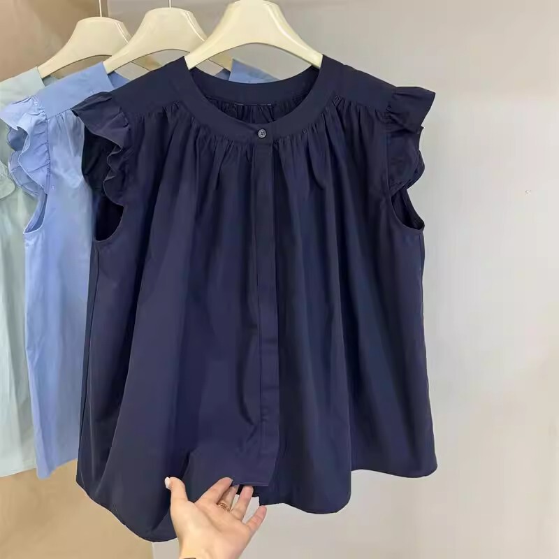 Southeast Asian Foreign Trade Style Korean Version Summer Loose Sleeveless Ruffled Slimming Top with Intellectual Buttons and Solid Color Women's Shirt