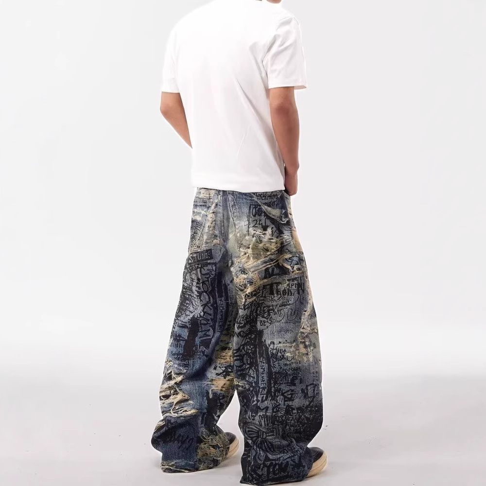 Herren-Jeans im Graffiti-Look mit 3D-Digital-Distressed-Effekt, Streetstyle, gerader Schnitt, lockere Passform, weites Bein_voghion.com