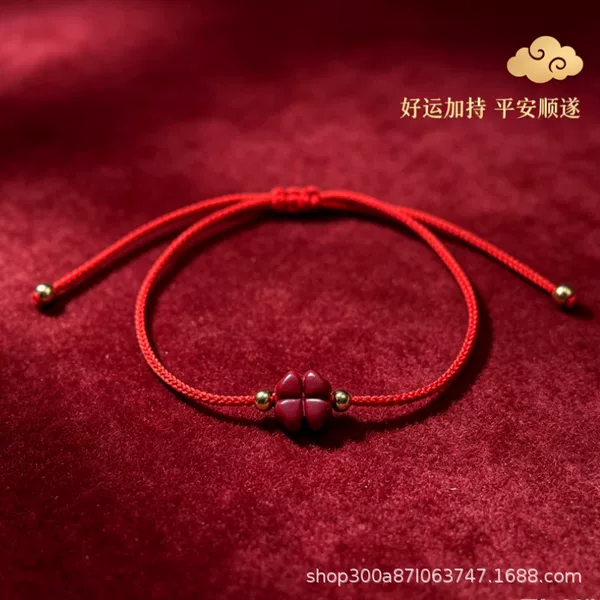 Cinnabar four-leaf clover red string bracelet for women and men, handmade lucky clover bracelet for the zodiac year, purple gold sand couple's bracelet