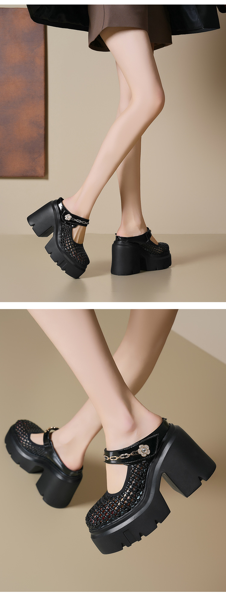 Sandal bít mũi đế dày 12cm tăng chiều cao, dệt lưới rỗng, dép lê cao gót Muller — Màu đen, Màu vàng nhạt, Màu trắng chi tiết 11