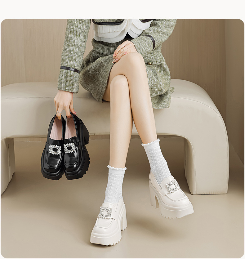 Giày lười cao gót nữ mũi nhọn đính đá vuông, đế dày xỏ chân — Màu đen chi tiết 7