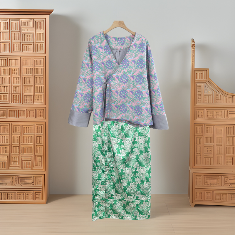 [Ready Stock] 2023 Chinese Tea Art Wear Women's National Style Jacquard Satin Shirt Dress Suit