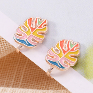 Cross-border fashion leaves flower alloy colorful oil drop ear clip fashion simple cartoon earrings without ear hole wearable