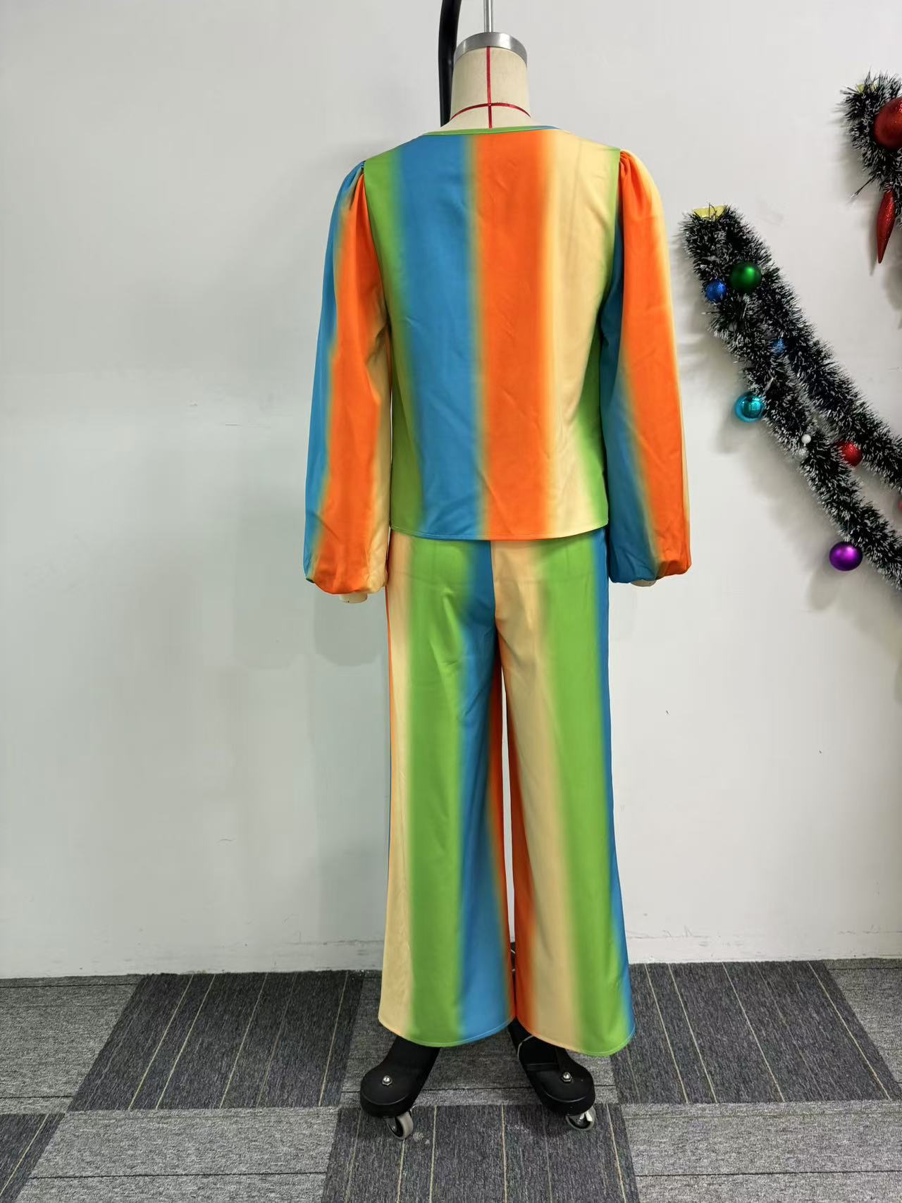 Lantern Sleeve Non Positioning Printing Swing Collar Wide Leg Pants Sets