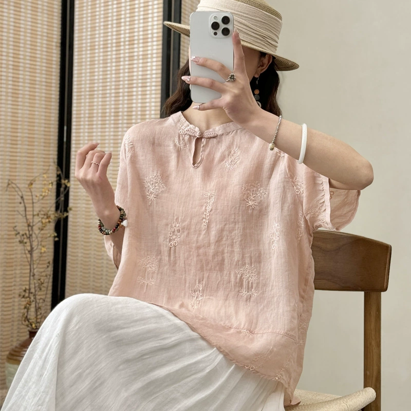 Темперамент ретро с круглым вырезом пуловер с пуговицами дизайн с короткими рукавами Rama рубашка женская 2025 летом прохладная тонкая рубашка