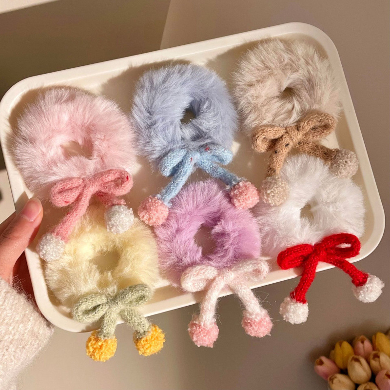 뱀의 해 어린이를위한 양모 나비 매듭 헤어 밴드 귀여운 플러시 포니 테일 머리띠 수제 고무 밴드 소녀 하트 머리 장식 헤어 액세서리