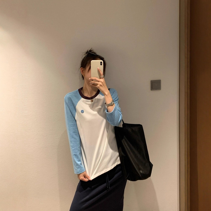 新疆棉时尚撞色插肩袖长袖上衣休闲打底衫女宽松百搭春秋小个子T|undefined