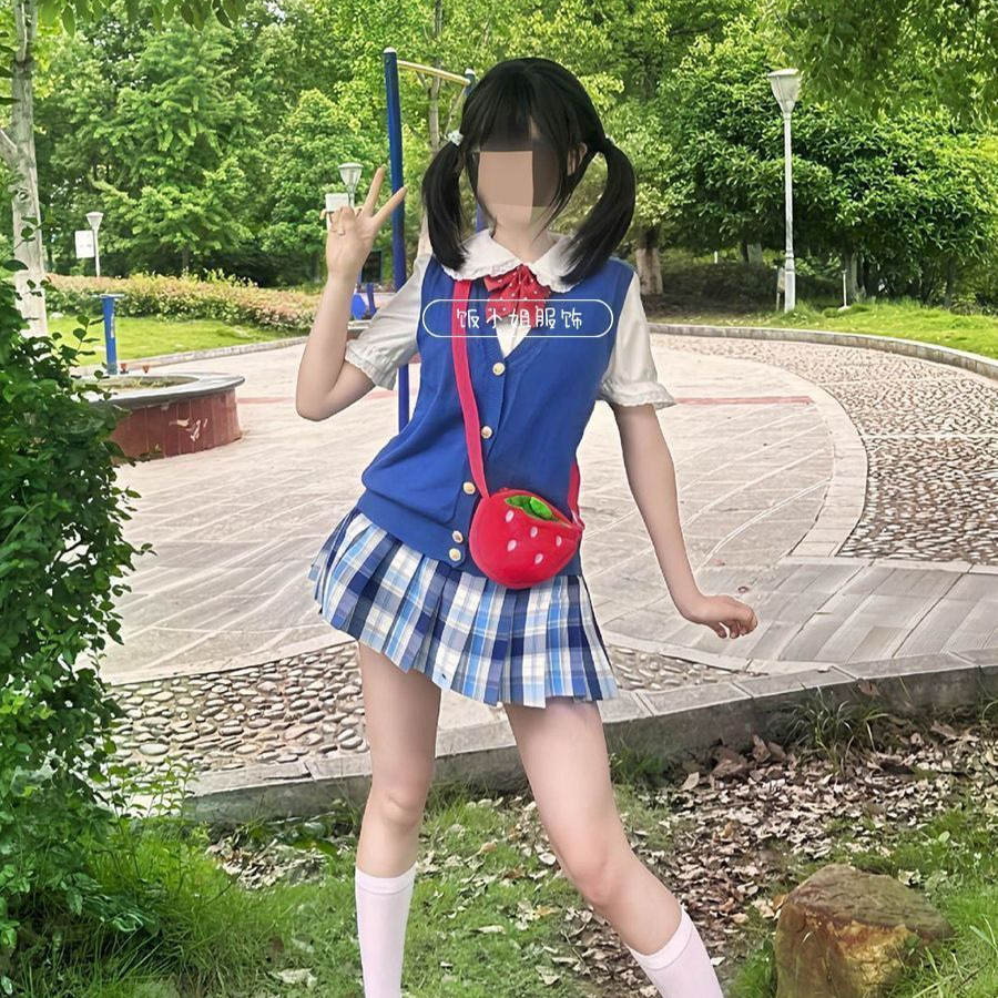 Sparkling water/summer set, plaid skirt, royal blue vest, tank top, school supply, soft girl layered JK uniform