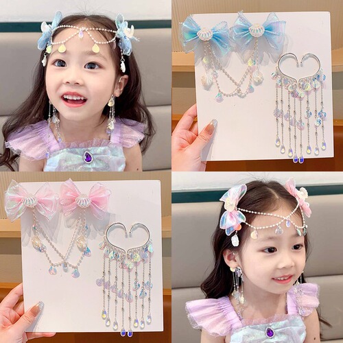 Baby cute mermaid princess pearl tassel bow forehead chain hair clip children's hair accessories girl hair clip