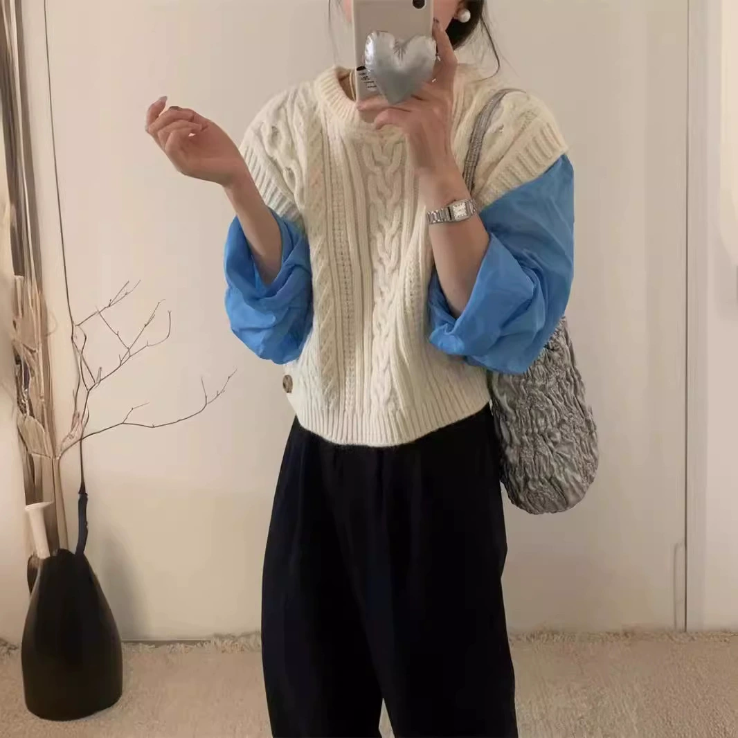 Dongdaemun осень и зима новый свободный круглый воротник боковая пряжка вяжет жилет без рукавов свитер