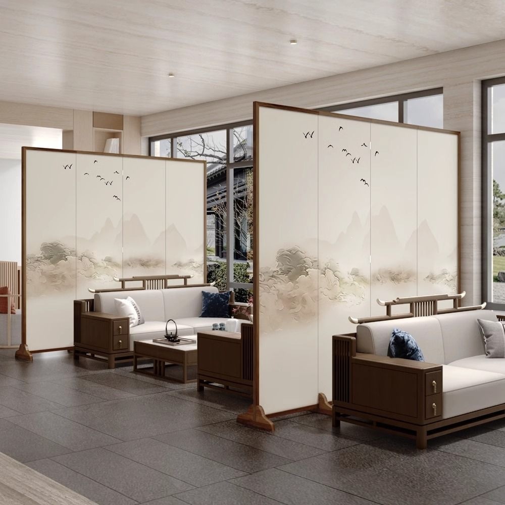 Chinese-style folding screens for living room and bedroom partitioning, hallway privacy, and office use, featuring landscape paintings and antique designs