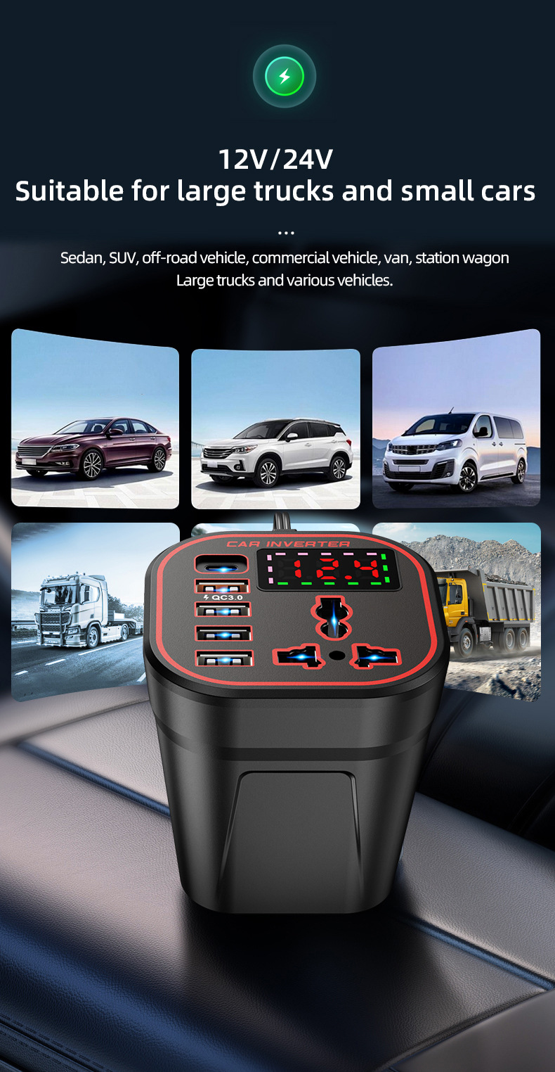 Car Inverter 12V24V to 220V Power Converter Multifunctional Car Socket Charger Mobile Phone Fast Charging