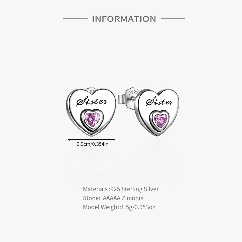 4g Weight Zircon Inlay Material Ear Studs Classification 1 Pair Quantity Daily, Festival Occasion 925 Sterling Silver Material Mother'S Day Festival Letter, Heart Shape Pattern Women's Gender Plating, Inlay Design Simple Style Style 1 Pair 925 Sterling Silver Zircon Letter Heart Shape Ear Studs 6